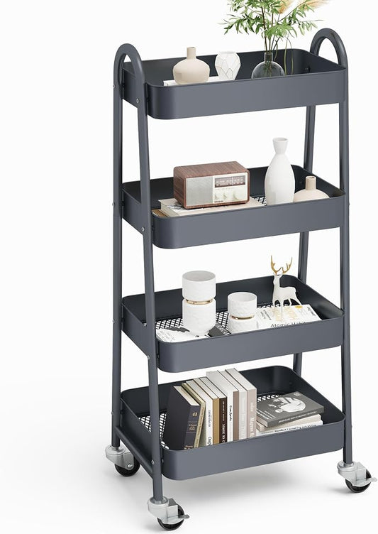 OLIXIS Metal 4 Tiers Utility Rolling Cart, Mobile Storage Shelf with Lockable Caster Wheels, Organization for Livingroom, Bathroom & Narrow Places, 4-Tier Gray