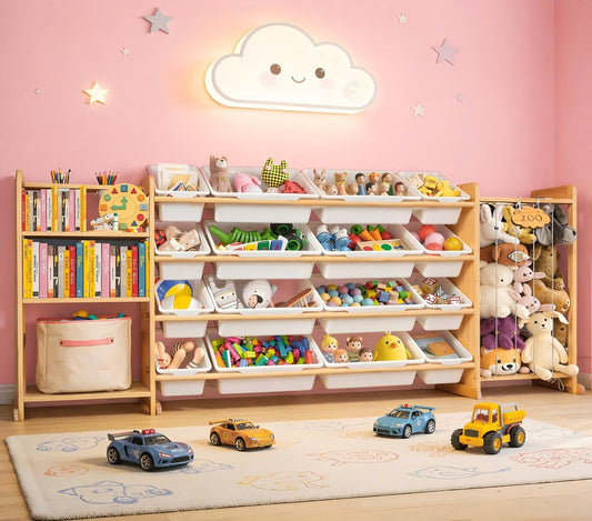 Yazzropt 81" Large Toy Storage Organizer with Bins Shelves & Stuffed Animal Storage for Kids Wood Toddler Playroom Organization with Bookshelf Toys Box Wooden Organizers for Kids Room Nursery Bedroom
