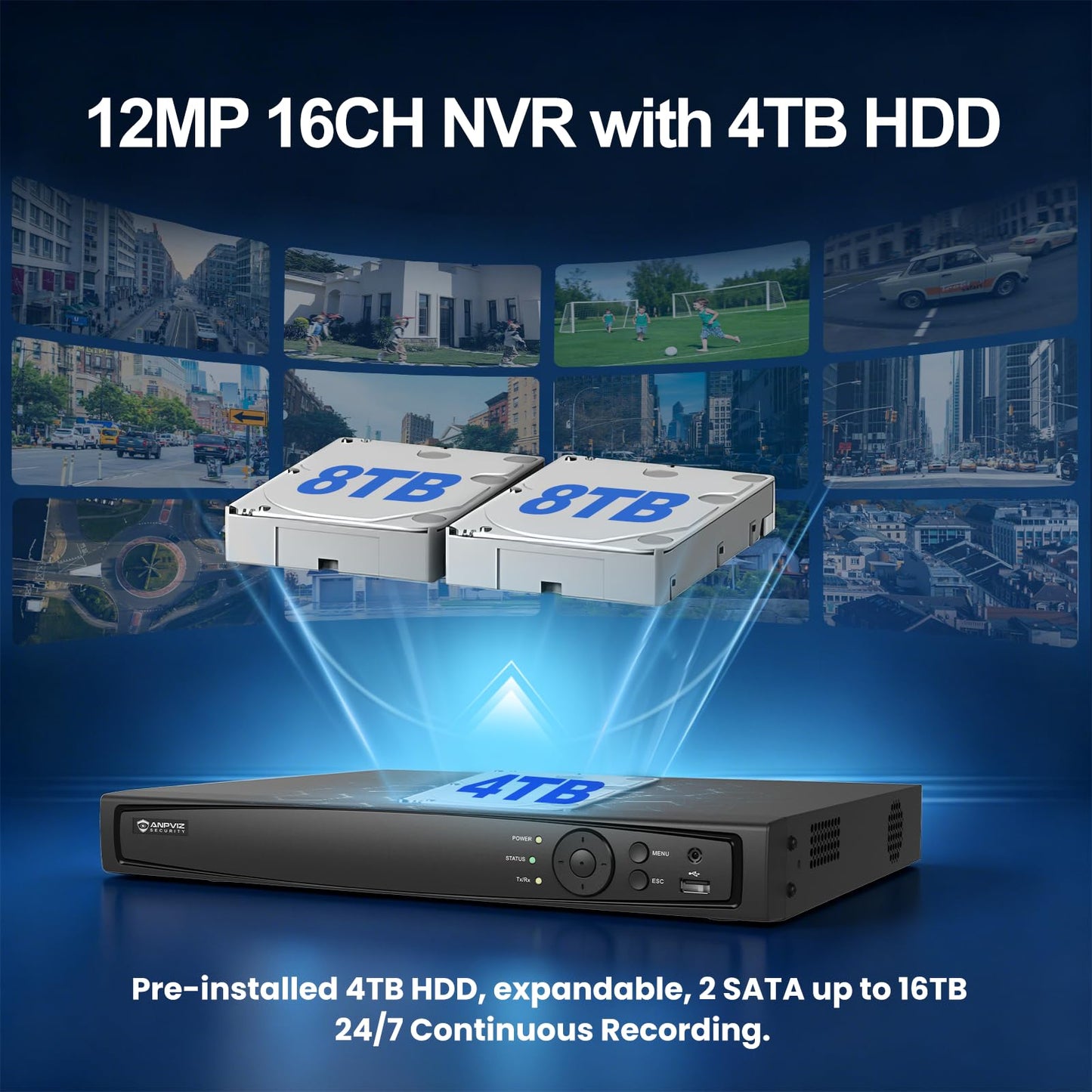 《Strobe Sound Light Alarm & 2-Way Audio》Anpviz 16CH 4K PoE Security Camera System, 8X 8MP Wired IP Turret Cameras Outdoor Black, 12MP NVR with 4TB HDD, True Plug & Play for Business Home(H Series)