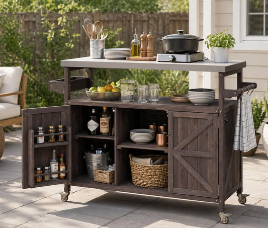 50" Outdoor Kitchen Island Grill Cart with 201 Stainless Steel Top, Solid Fir Wood, Modular Design, Internal Storage & Adjustable Shelves, 4 Lockable Wheels, 400LBS Capacity for Patio BBQ, Brown