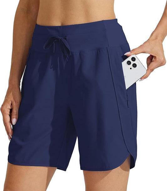 Willit Women's 7" Athletic Running Shorts Long Workout Hiking Shorts Quick Dry High Waisted Active Zipper Pocket(Small)