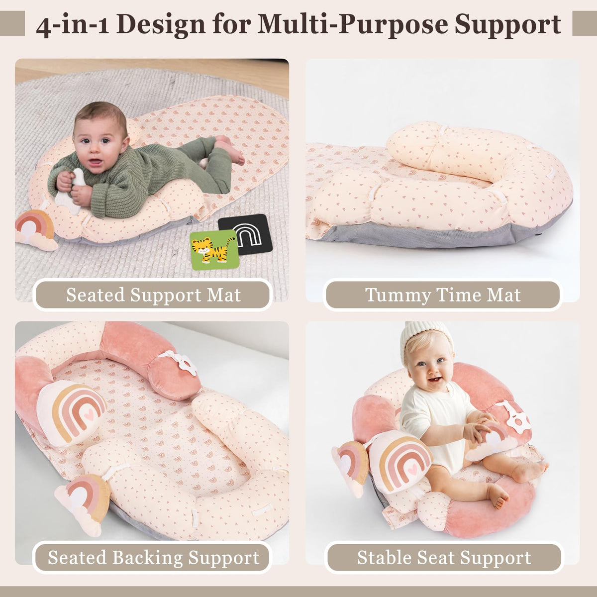 4 in 1 Tummy Time Mat with Educational Cards, Play Mat & Sitting Support for Newborn 0-12 Months, Infant Baby Sit Me Up Floor Seat, Sensory Skills Gifts, Rainbow