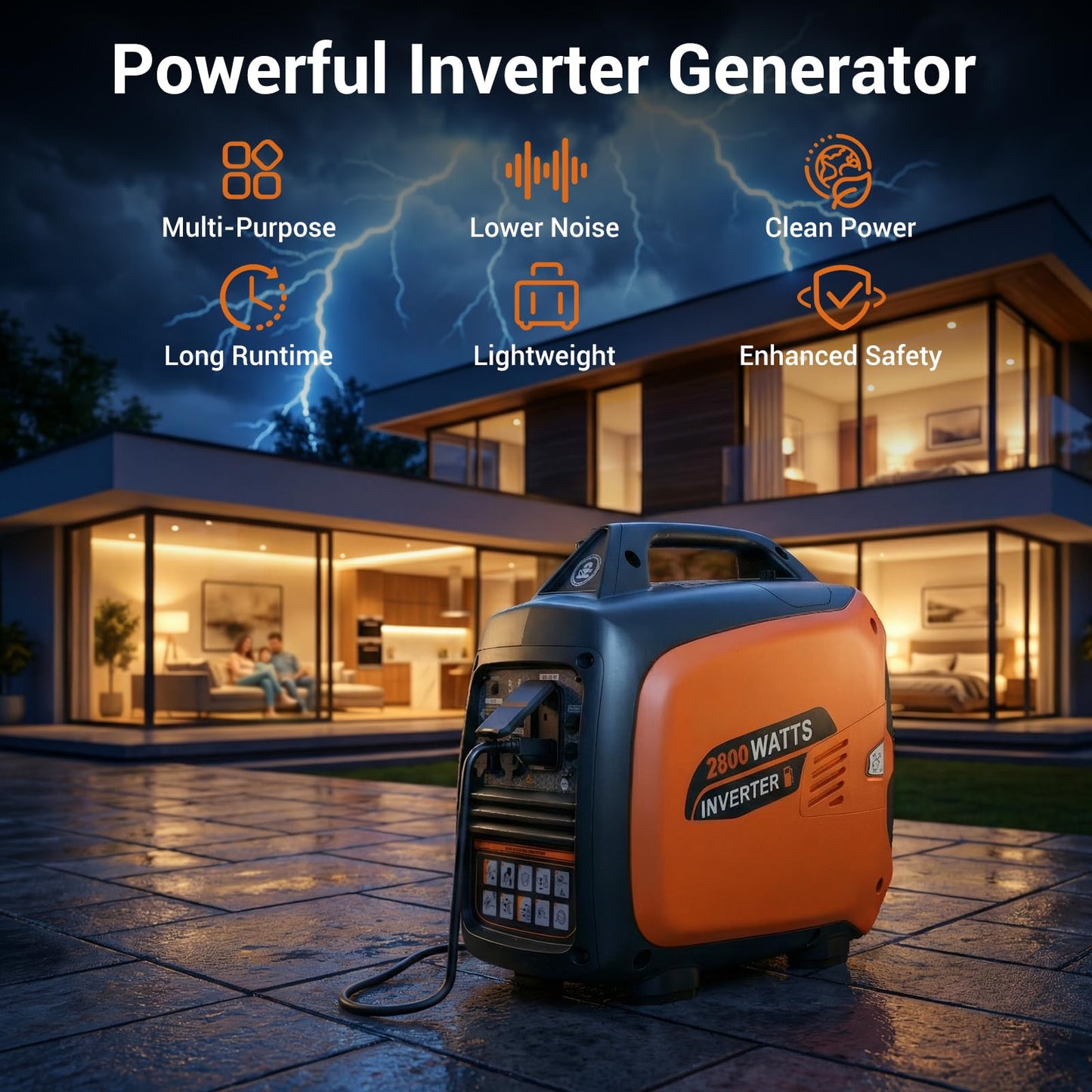 2800W Portable Inverter Generator, Quiet Gas-Powered Generator for Home Backup, Camping, RVs, and Clean Power for Sensitive Electronics, EPA Standard Compliant