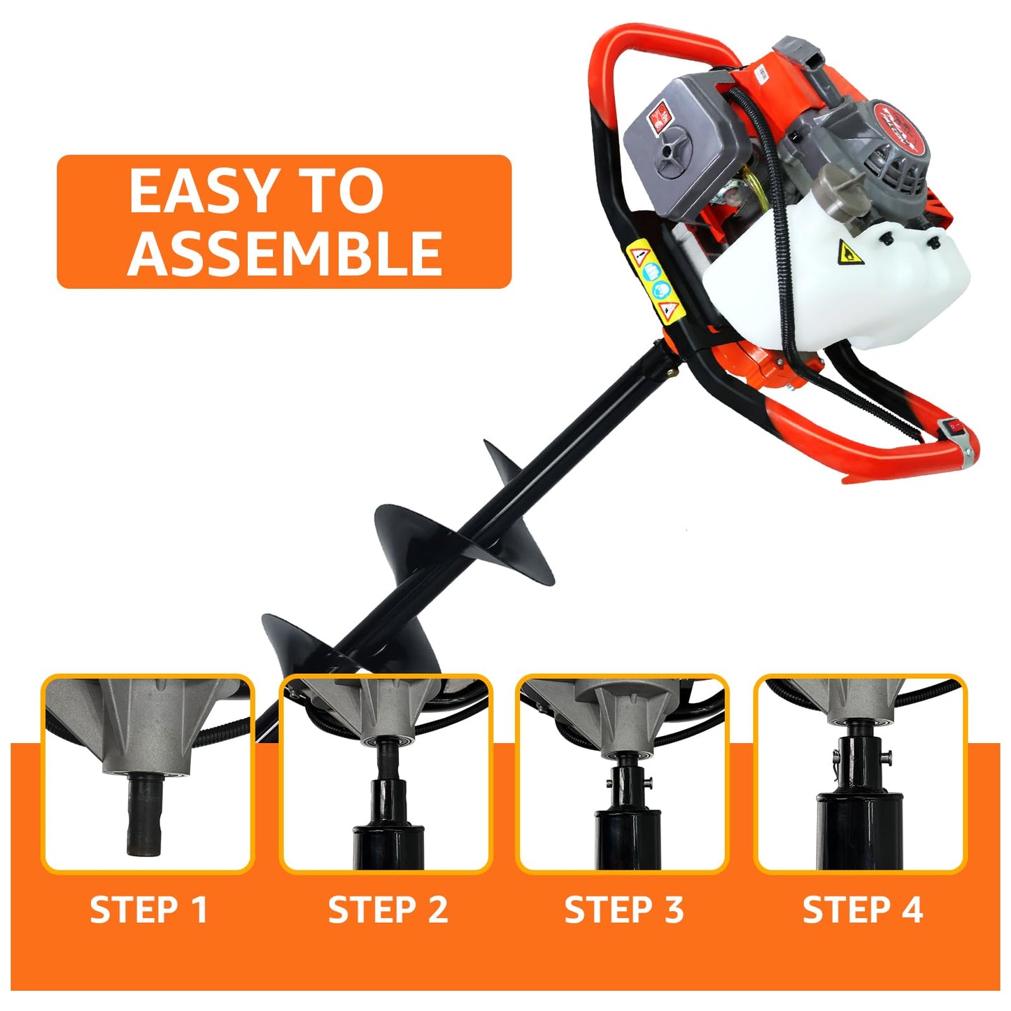 XJADQW 72CC 2-Stroke Gas Powered Post Hole Digger with 3" & 5" & 8" Auger Bits + 24“ & 24" Extension Rod, Heavy Duty Earth Auger for Farm, Garden, Landscaping, Construction