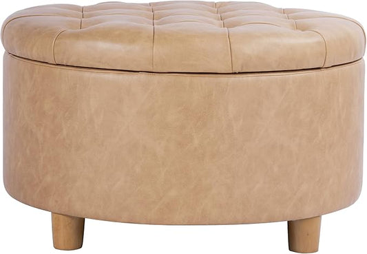 HomePop Home Decor | Button Round Storage Ottoman | Ottoman with Storage for Living Room & Bedroom, Light Camel Faux Leather