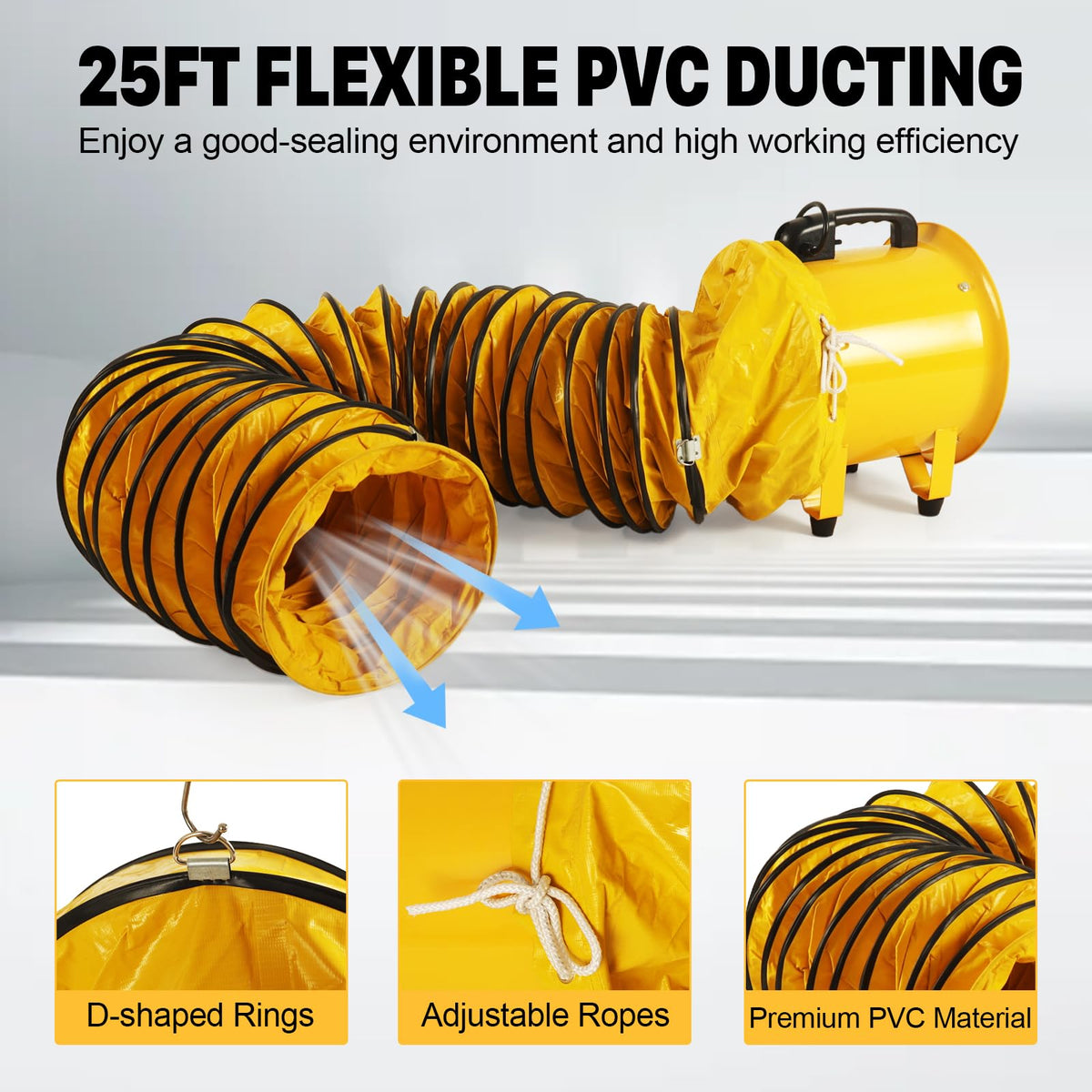 12 Inch Utility Blower Fan with 16 Ft Flexible Duct Hose, 2882 CFM High Velocity Industrial Ventilation Exhaust Fan, Portable Axial Ventilator with Ball Bearing Motor for Workshop, Basement, Job Site.