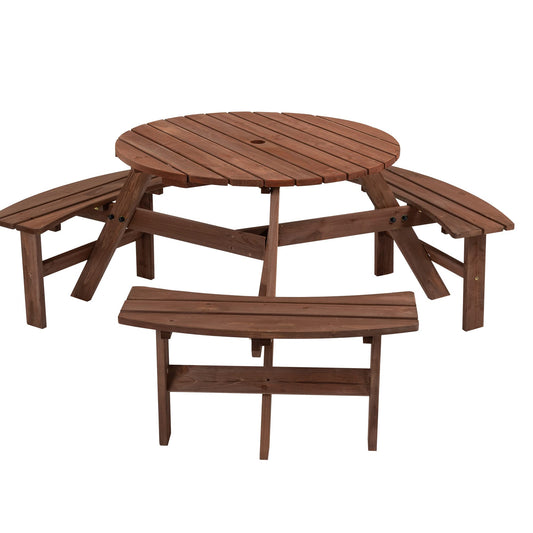 BIFULDYO 6-Person Round Outdoor Table and Chairs for Patio, Backyard, Wooden Garden Picnic Table with 3 Benches, 1720 Lb Capacity (Brown)