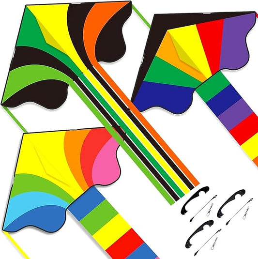 Rainbow Delta Kites(3 Pack), Easy to Fly Kites for Kids Ages 3-5 & 4-8 - Single Line Beach Kite for Toddlers and Beginners.
