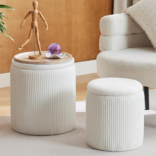 BLEXA Round Ottoman with Storage Set of 2-Upholstered Velvet Vanity Stool for Makeup Multifunctional Ottomans Coffee Table Padded Seat Foot Rest for Living Room&Bedroom(White-Upgrade Tray Lid)