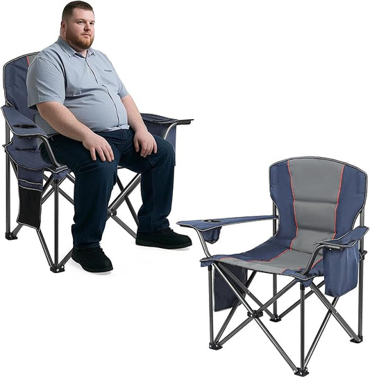 2 Pack Heavy Duty Oversized Camping Chair for Adults 400lbs w/Lumbar Support - Folding Chairs with Side Pocket, Cup Holder & Cooler Bag for Beach, Fishing, Lawn, Backyard Navy Blue