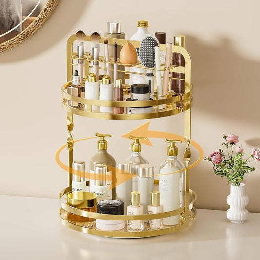 360° Rotating Makeup Organizer, 2-Tier Gold Perfume Organizer for Dresser, Bathroom Organizers Countertop, Perfume Shelf with Makeup Brush Holder, Skincare Holder Cosmetic Display(Gold)