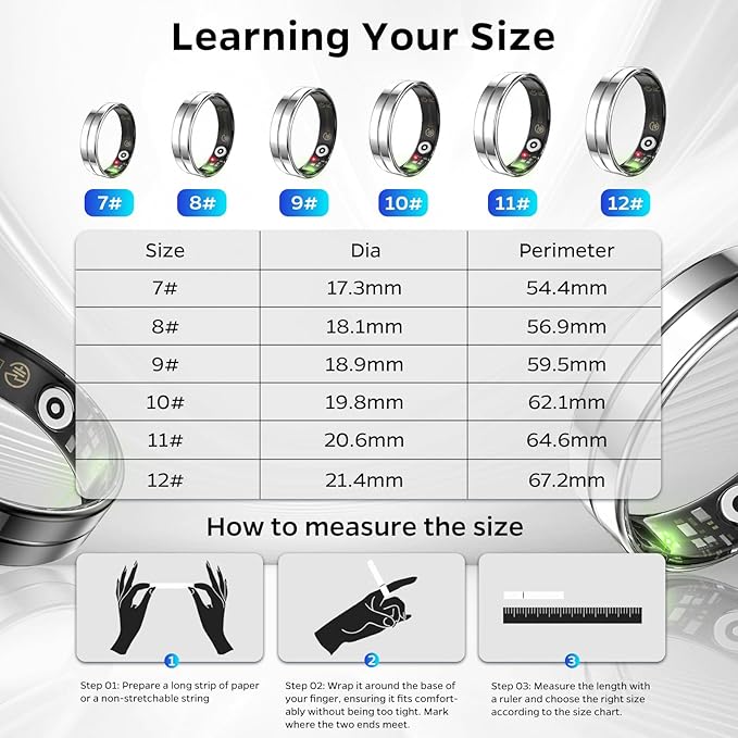 Ultra-Thin Smart Ring for Women Men,Sleep Tracker Ring with Heart Rate, Waterproof Fitness Ring for Activity Monitoring/Steps/Calories,No Subscription Fee,for iSO & Android (Silver, 11)
