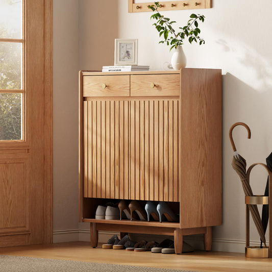 31.4"W wooden shoe cabinet storage for entryway,Free Standing Shoe Racks with 2 Adjustable Shelves and 2 Drawers, Shoe Rack Organizer for Entryway, Hallway, Closet, Living Room,Natural wood color