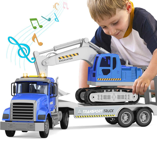 DOWELLIN Transports Trucks Kids Toys, 22" Large Semi Truck Toy Carrier and Excavator Truck with Sound&Light,Friction Powered Cars Toys Birthday for Boys Girls 3 4 5 6 7 8
