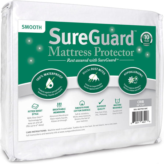SureGuard Crib Mattress Protector - 100% Waterproof & Hypoallergenic - Premium Fitted Cotton Cover