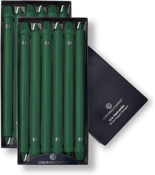 Colonial Candle Unscented Taper Candle, Classic Collection, Evergreen, 12 in, Pack of 12 - Up to 10 Hours Burn