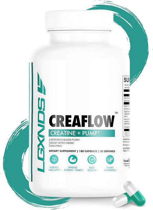 Creaflow Stim-Free Creatine Pills | Support Muscle Gain, Performance, Strength and Workout Recovery | Pre Workout Supplement for Men & Women | 180 Capsules, 30 Servings
