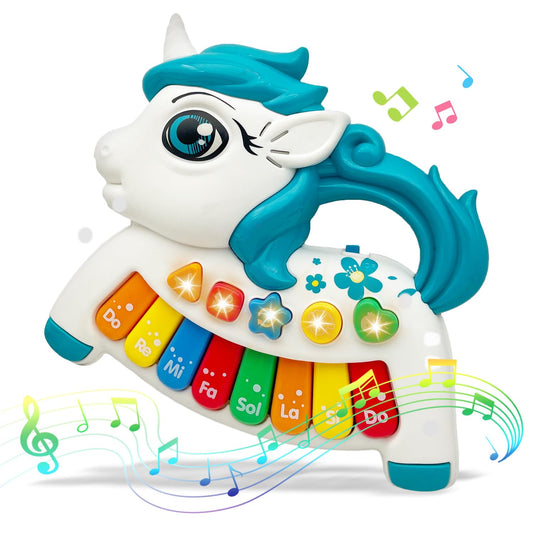 Baby Music Toys for Toddlers, Light Up Music Baby Toys for 18+ Months Early Learning Educational Piano Keyboard Infant Toys Baby Boy Girl Gifts (Unicorn-Blue)