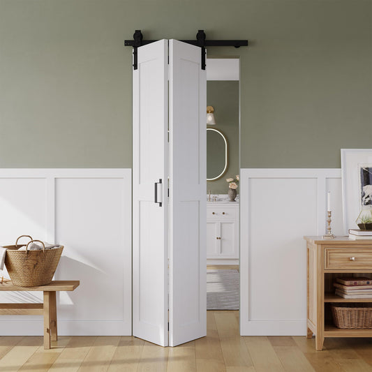 Bifold Barn Door 30" x 84", MDF Bi-Fold Sliding Closet Doors with Hardware Kit Included, Pre-Finished Easy Assembly, Water-Proof PVC Surface & Save Space, H-Frame, 34" Track for 2 Doors,White