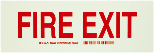 Brady 80225 Height B-324 Self-Stick Polyester, Red on Green Glow-In-The-Dark Fire and Exit Sign, "Fire Exit", 10" x 3.5",