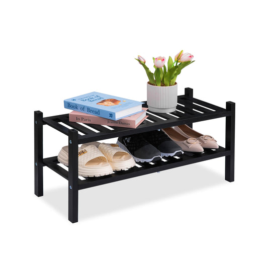 VICTORY RELAX 2-Tier Acacia Wood Shoe Rack - Stackable Entryway Organizer for Closet, Entryway, Easy Assembly, Indoor/Outdoor Storage Stand (Black)