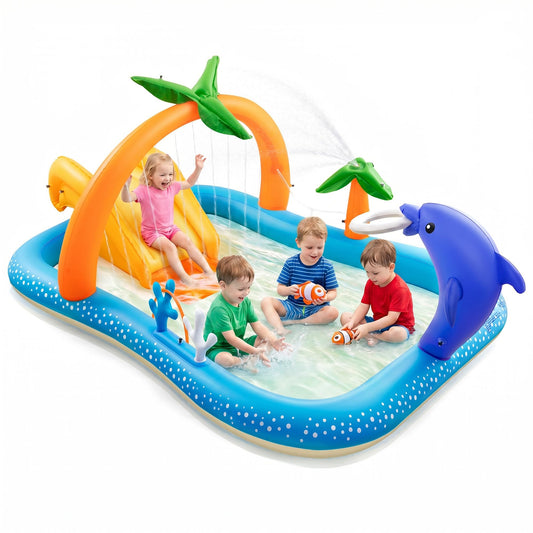 Kiddie Pool with Slide & Palm Tree Sprinkler – 95"x75"x40" Inflatable Water Play Center for Toddlers Ages 2+, Durable PVC Wading Pool for Backyard Summer Fun (Blue & Orange)