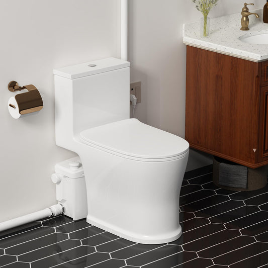 36ft HIGH POWER Macerating Toilet with Pump for Basement Upflush System, One Piece Full Skirted Toilet, Flexible Top or Side Drain Macerator Pump, Household Commercial Use, 1HP, 120V