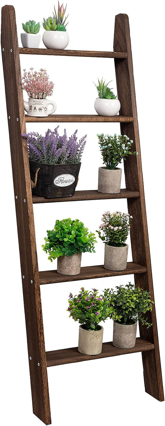 Rustic 5-Tier Wall-Leaning Wood Loadder Towel Racks for Bathroom Livingroom Kithen Office Woden Farmhouse Ladder-Style Blanket Rack Multipurpose Organizer Rack for Home (Brown)
