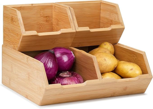 3 Pack Stackable Bamboo Potato Onion Storage Bins - Pantry Organizers for Kitchen Countertop, Ventilated Food Storage Containers for Fruits Vegetables