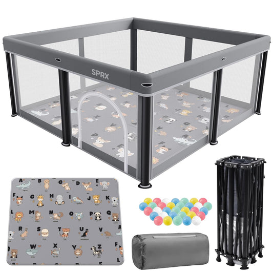 Skiennix Foldable Baby Playpen - 50" x 50" Collapsible Playard for Indoor & Outdoor Use | Includes Travel Pack & 30 Ocean Balls