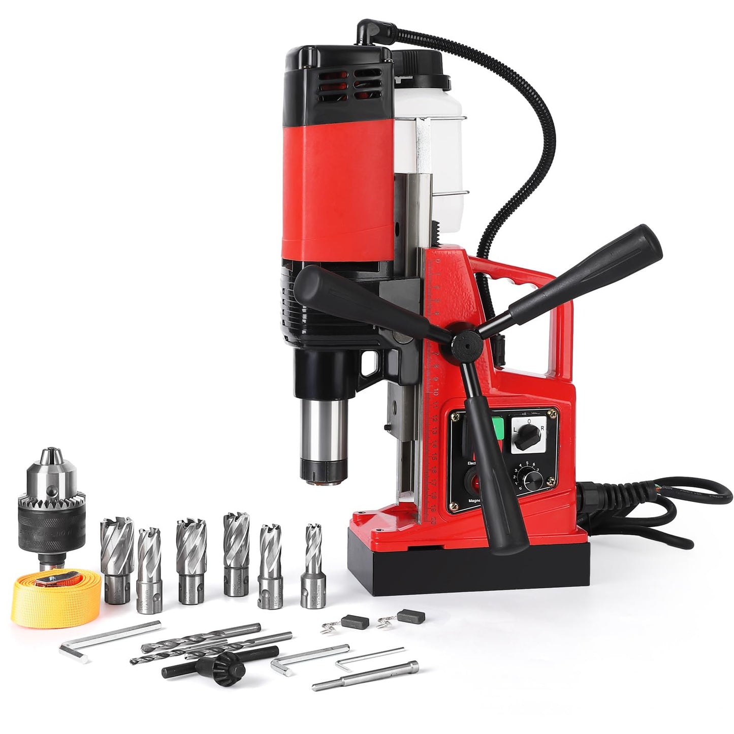 PeakPursuit Mag Drill Press, 1400W 810RPM Portable Magnetic Drill Press, 2 Inch Boring Diameter, Double Track, Electric Drilling Machine with 6Pcs Drill Bits, for Industrial and Home Improvement