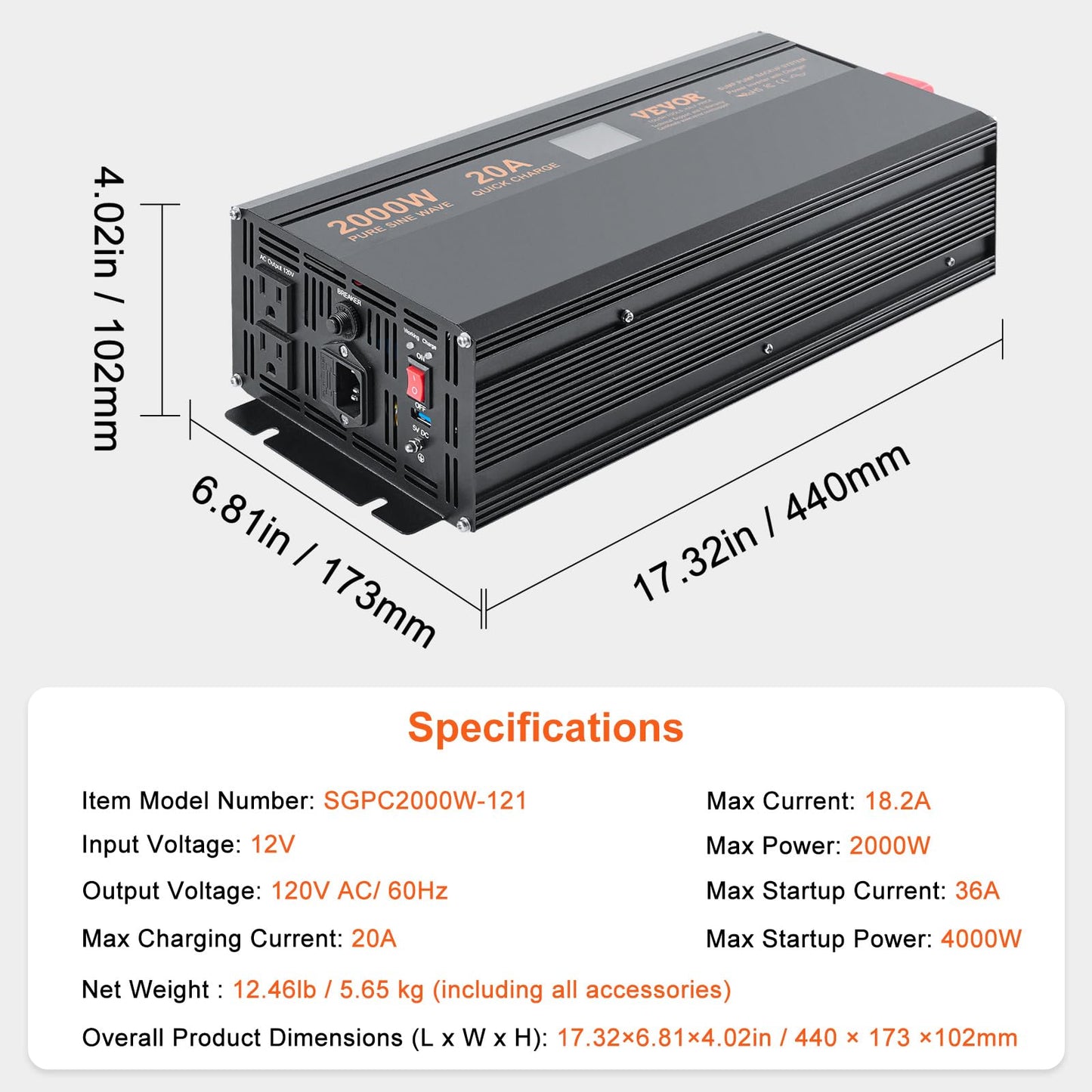 VEVOR 2000W Sump Pump Battery Backup with LCD, Automatically Shifts to Inverter Power Ensuring Uninterrupted Operation, Essential for Emergencies & Power Failures