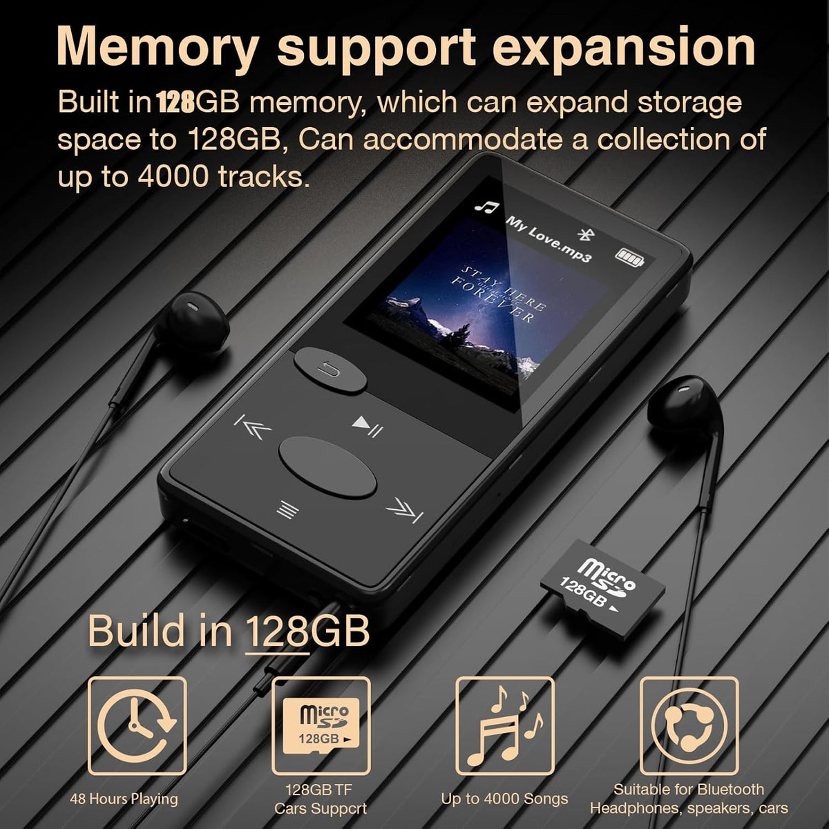 Aiandcc 128GB Mp3 5.3 Mp3 Player with Bluetooth HiFi Sound, Player with FM Radio, Mini Music Player for Kids Adults