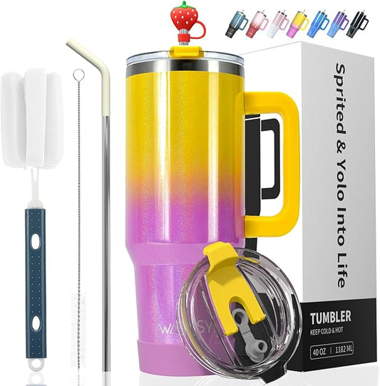 40 oz Shiny Tumbler with Handle and Straw,Stainless Steel Tumbler with Lid and Straw,Insulated Travel Mug(Cold for 34 Hours),Water Bottle for Iced Tea,Coffee (Yellow)
