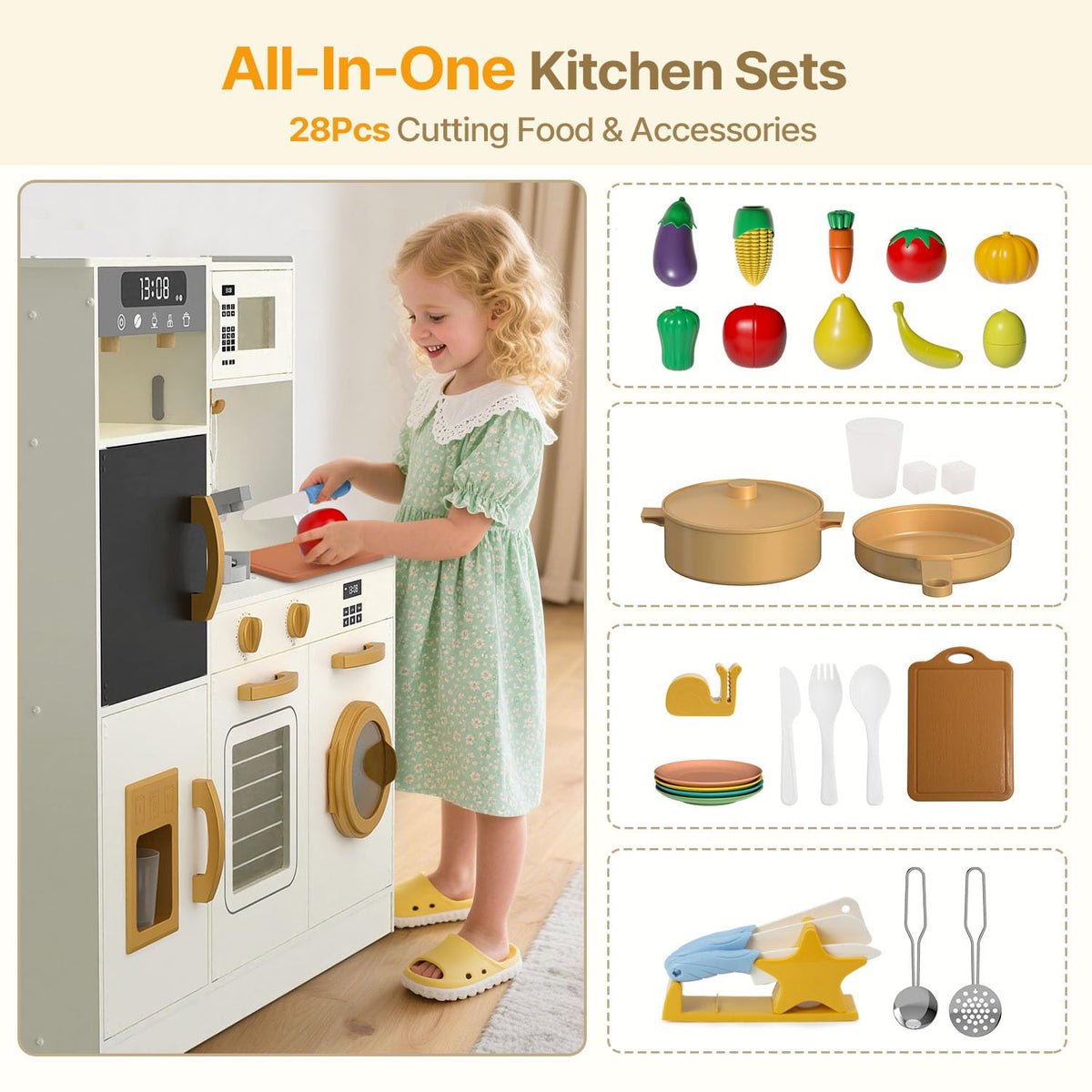 BIERUM Play Kitchen - Kids Kitchen Playset with Realistic Lights & Sounds, 28 Pcs Toy Food & Cookware Accessories, Plenty of Play Features, Idea Gift for Boys and Girls Ages 3+