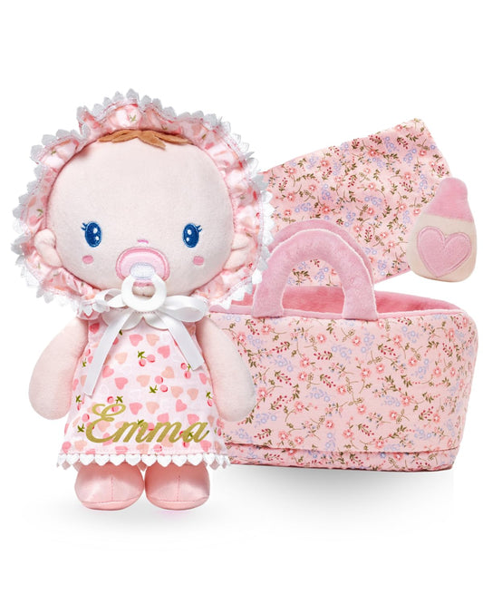 LeyaDoll Soft Baby Doll Set for Toddlers - Personalized Plush Doll Toys with Bassinet, Blanket and Bottle, First Baby Doll Accessories (9'') for Girls Pretend Play and Sleeping Cuddle - Cherry Baby