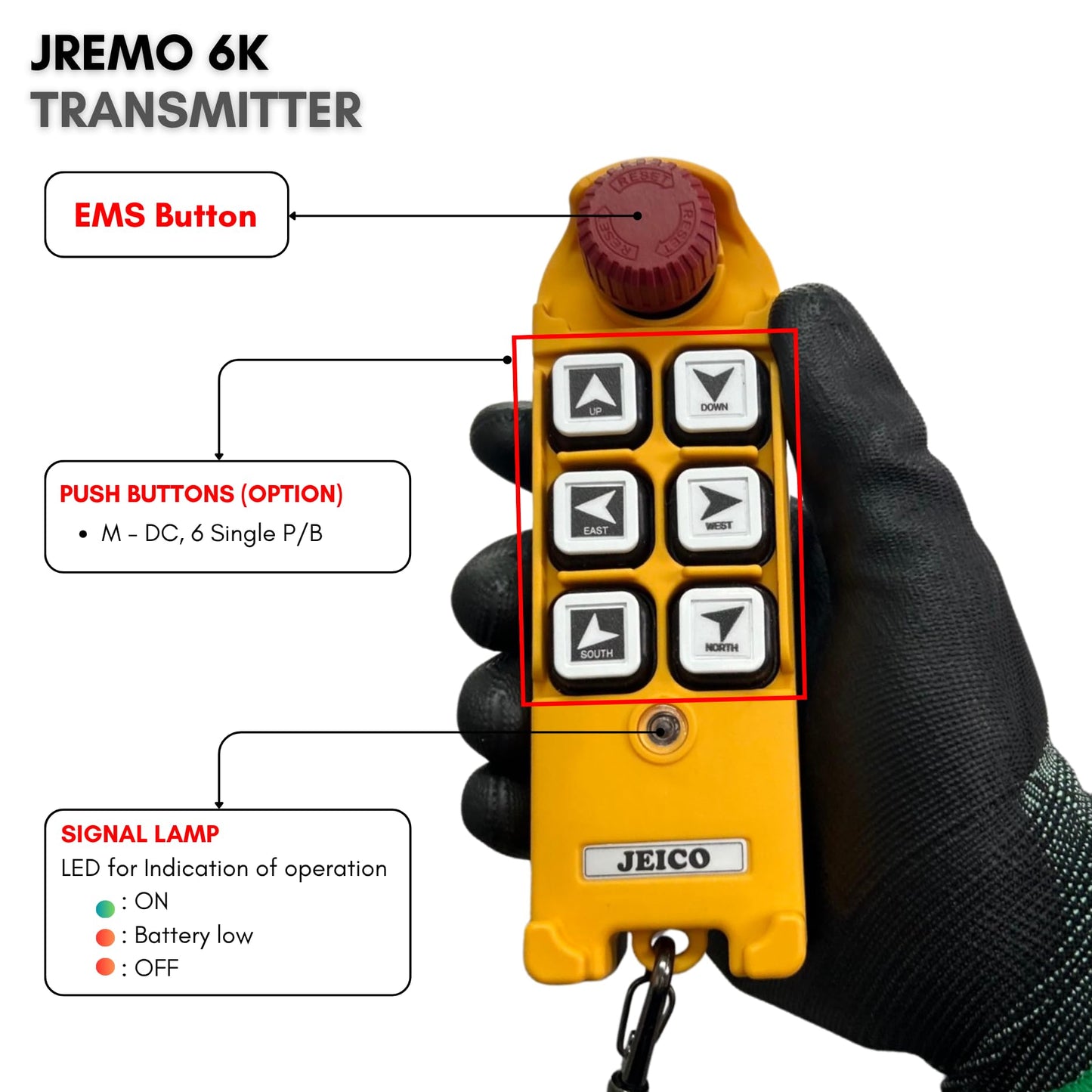 JEICO Crane Hoist Industrial Wireless Remote 6 Buttons Controller JREMO 6K (1 Transmitter + 1 Receiver) Yellow, Made in Korea