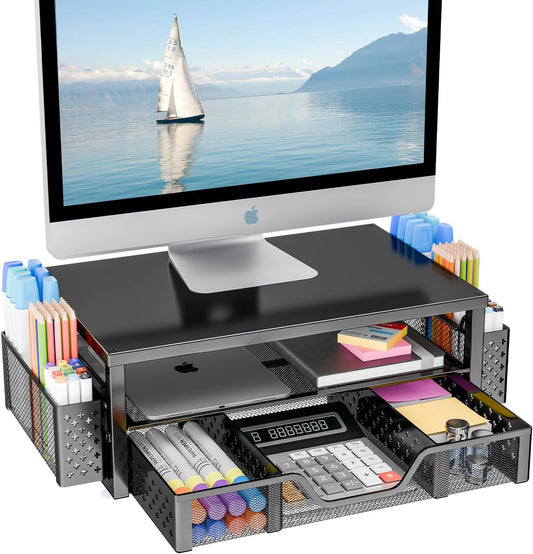 2-Tier 2 Simple Trending Desk Organizer and Accessories, Computer Monitor Stand Riser with Drawer and Pen Holders