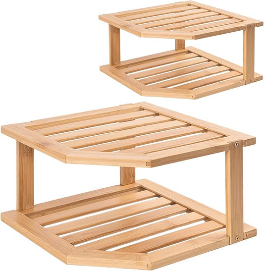 VERTORGAN Bamboo Corner Shelf(2 Pack),2 Tier Plate Organizer for Cabinet and Countertop,Pantry Dish and Spice Rack for Kitchen