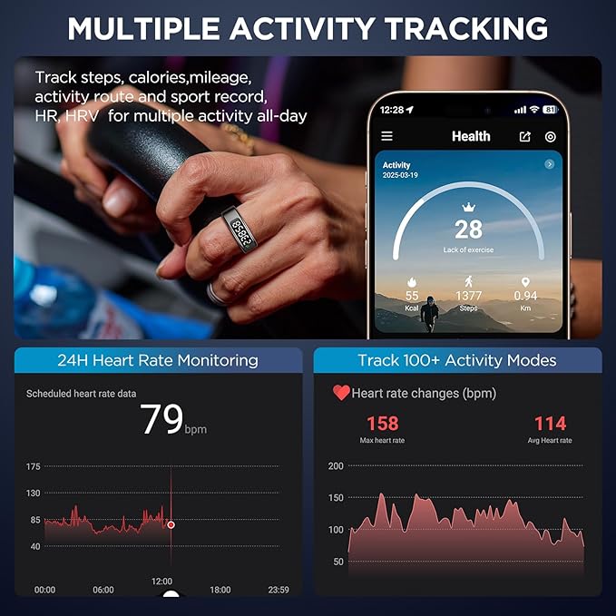 Smart Rings for Men with Display Screen, Fitness Ring with Wireless Charging, Sleep Tracker Ring with Heart Rate, Health Rings for Activity Monitoring/Steps/Calories, for iOS Android (Black,8#)
