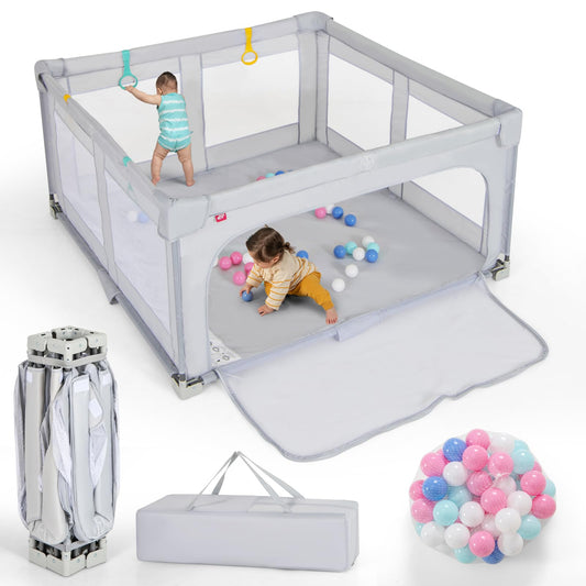 Costzon Foldable Playpen for Babies, 59''x59'' Portable Baby Play Pen with 50 PCS Ocean Balls, 4 Handles, Carry Bag, Visible Mesh, Kids Activity Center with Gates, Indoor & Outdoor Baby Gate Play Pen