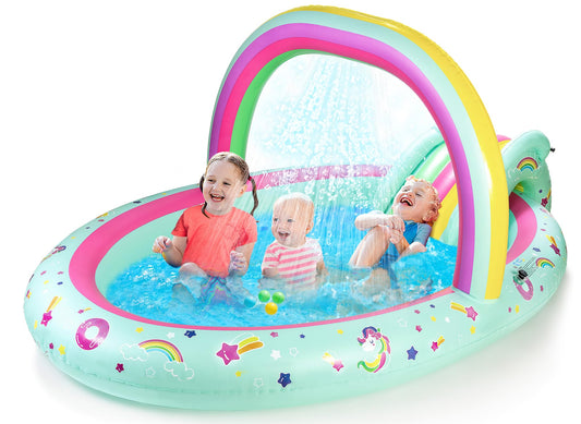 SULIFEEL Rainbow Unicorn Inflatable Play Center Kiddie Pool with Slide and Sprinkler for Children, 96''x59''x39''in Baby Pool for Backyard and Garden