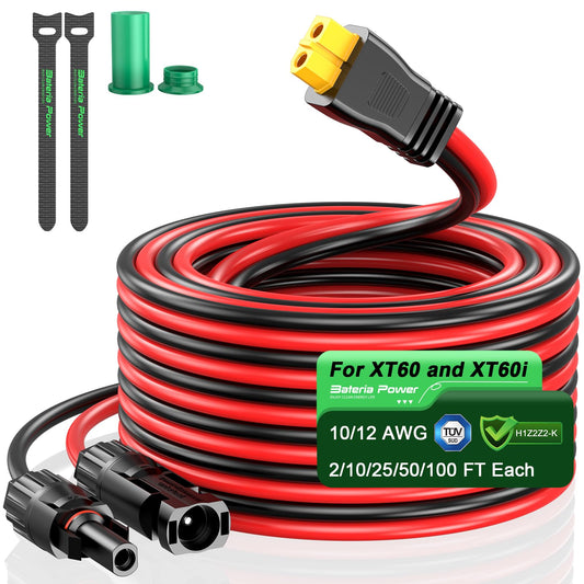 Bateria Power Solar Panel Cable for Ecoflow Anker SOLIX 12AWG 100FT XT60 Solar Cable, XT60 Extension Charge Extension Cable Compatible with EcoFlow, Anker, BLUETTI & Generator