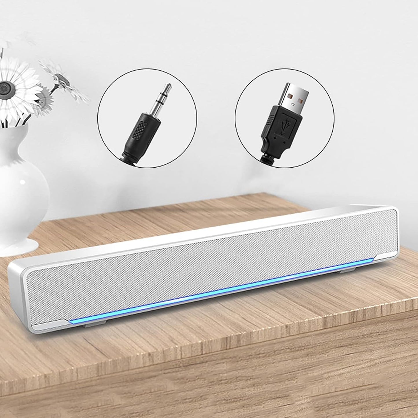 Beufee V-196 3.5mm 2.0 Computer Sound Bar, White USB Powered Input Channel Stereo Soundbar with Volume Knob and Blue