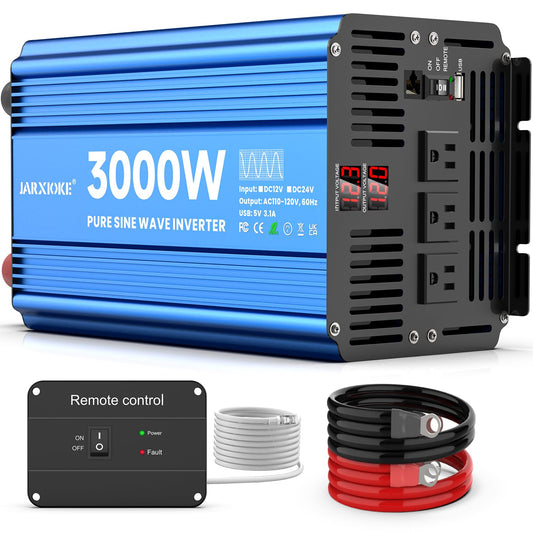 3000 Watt Pure Sine Wave Power Inverter 12V DC to 110V 120V Converter for Home, RV and Off-Grid Solar Systems with 3 AC Outlets, Dual USB Ports, LCD Display and Remote Control