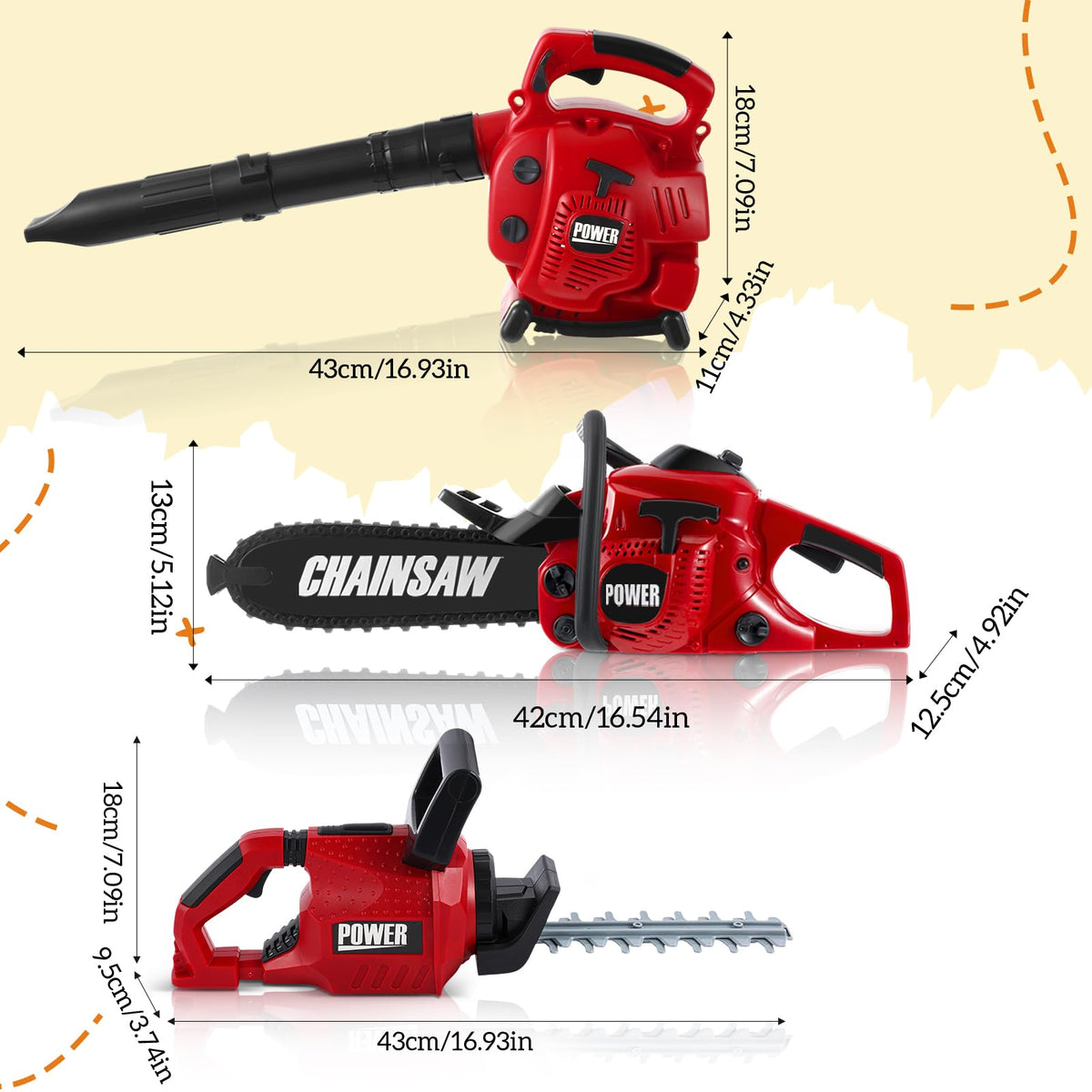 Arrowbash 3-in-1 Kids Gardening Toy Set, Toy Leaf Blower & Chainsaw & Kids Hedge Trimmer with Realistic Sound, Outdoor Backyard Play Educational Learning Birthday Summer Gift for 3-8 Boys Girls