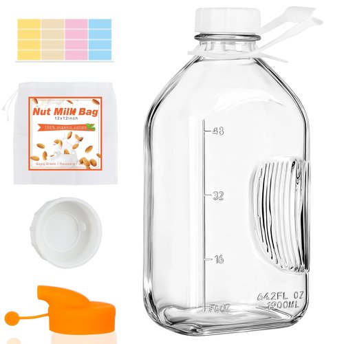 2 Quart (64 Oz) Glass Milk Bottle with Handle, Water Jug with Scale/Nut Milk Bag/Pour Spout/Airtight Lid, Reusable Carafe Container Pitcher for Milk, Tea, Juice, Coffee Beverage-1/2 Gal 1 Pack