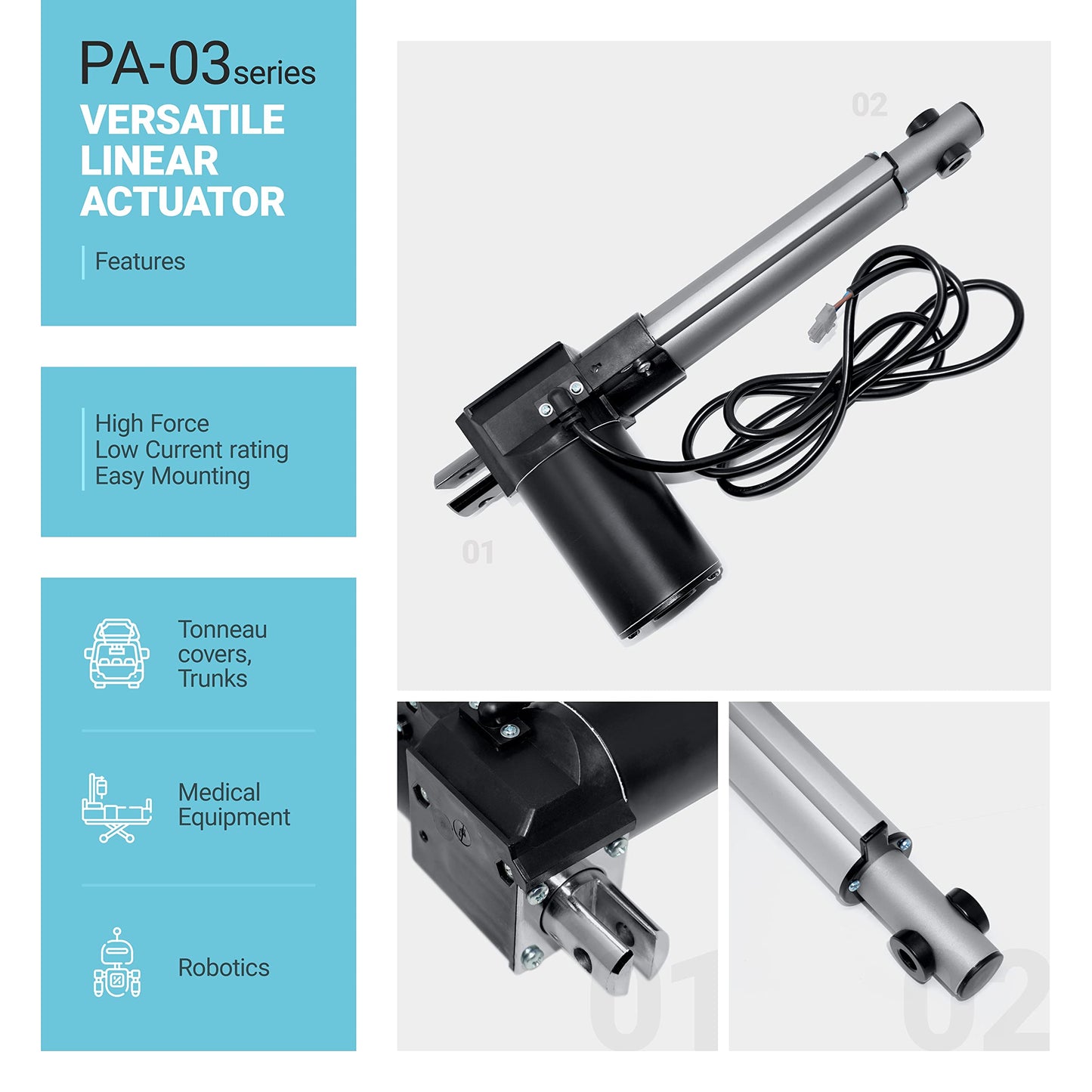 Progressive Automations 12V Linear Electric Actuator - 6 inches Stroke, 600 lbs Force with Low-Current Rating DC Motor and Durable Stroke for Automotive, Medical, Robotics Usage, PA-03-6-600
