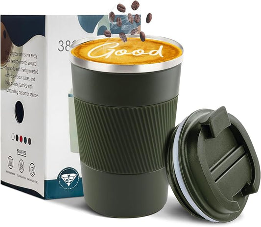 YINBAOGE Insulated Travel Coffee Mug, Spill & Leak Proof, Portable To Go Camping Stainless Steel Coffee Tumbler, Reusable Thermal Coffee Cup with Lid for Hot & Cold Drinks (Green, 12 OZ)