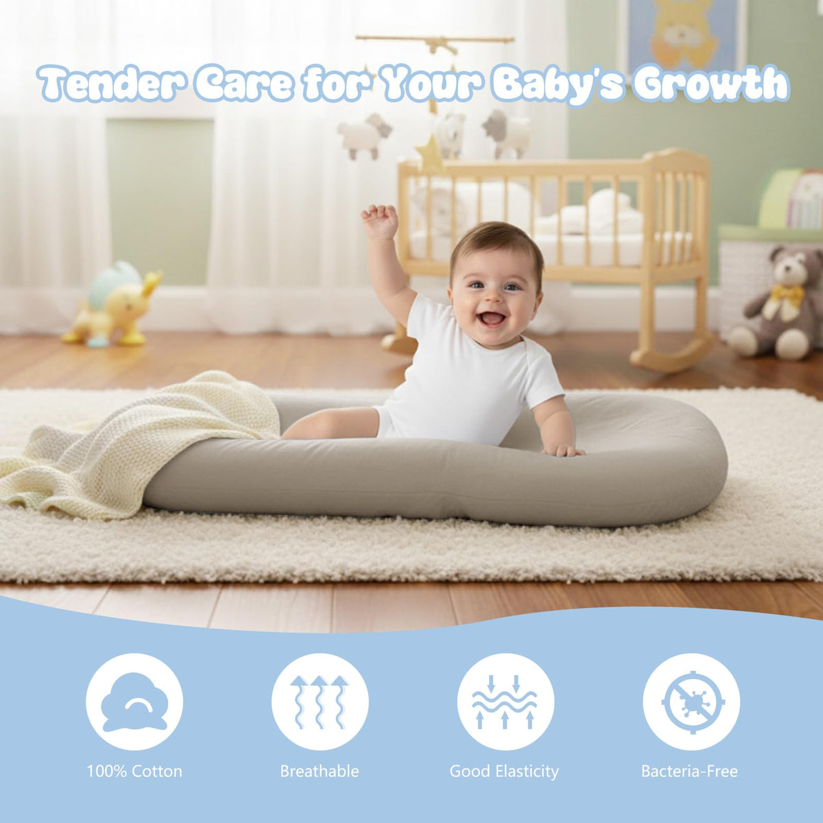Lucakuins Baby Lounger, Bionic Design Baby Lounger for Newborn 0-24 Months, Soft Organic Cotton Breathable Lounger for Infants (Cream Gray)
